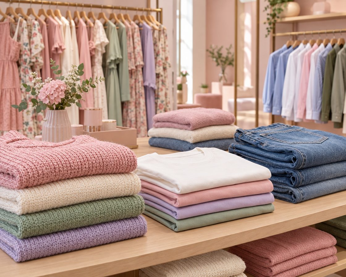 Folded knitwear and t-shirts on a boutique table