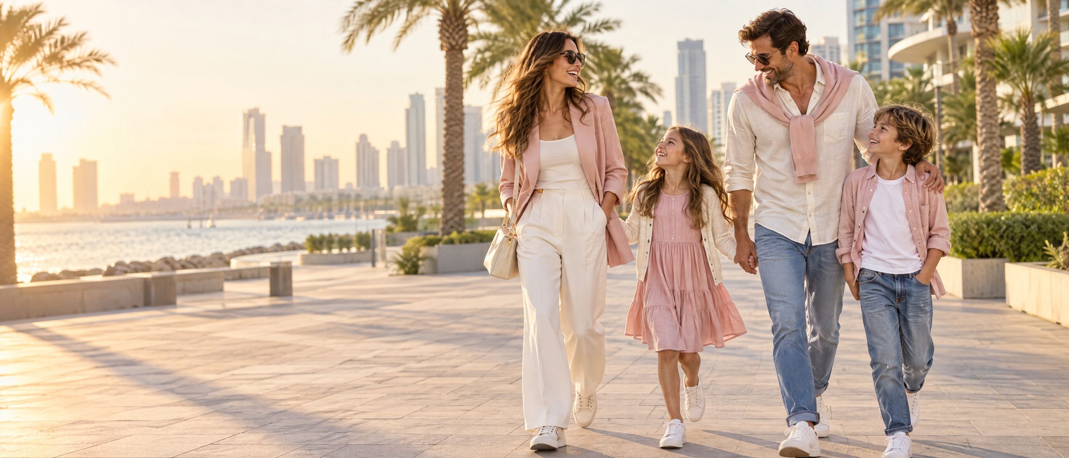 A stylish family in coordinated casual outfits walking together in golden-hour light