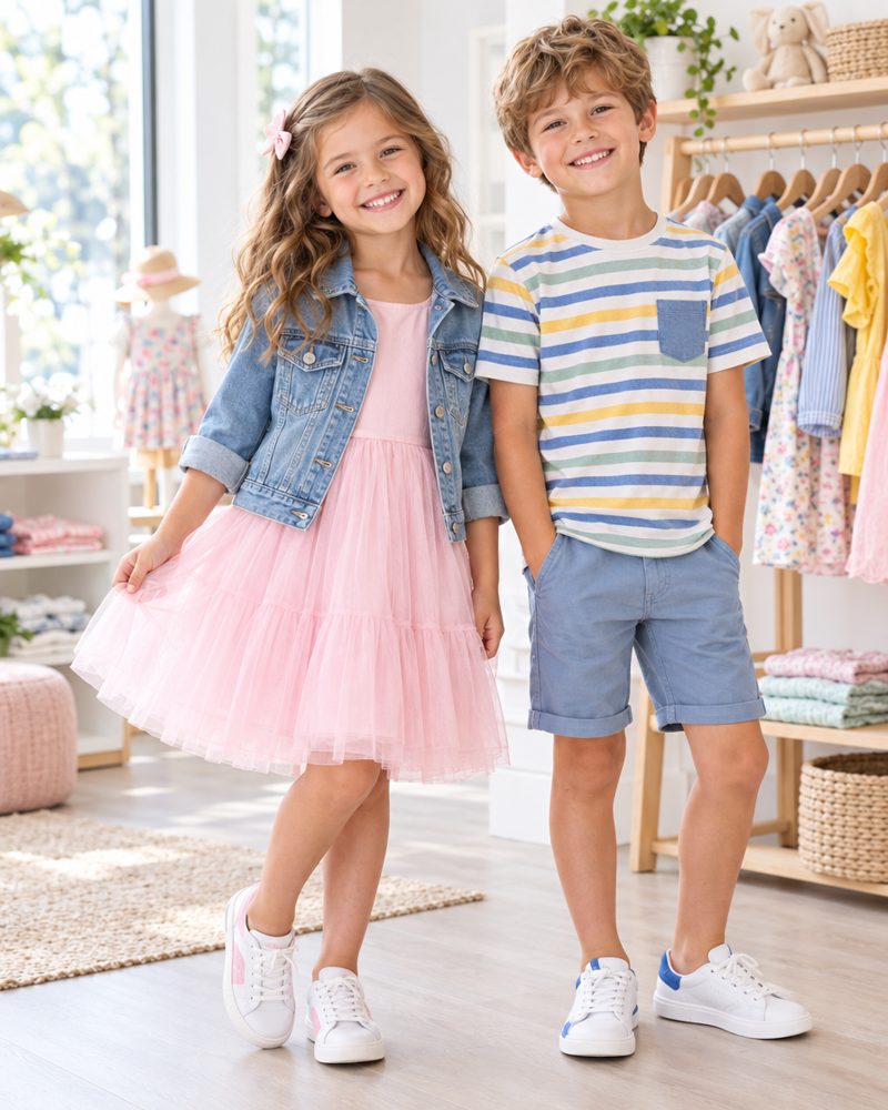Two children in colourful fashion outfits