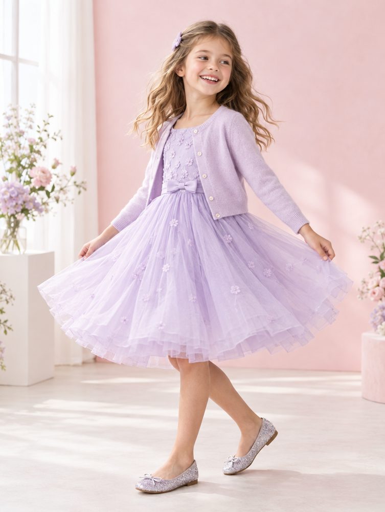 Girl twirling in a lilac party dress