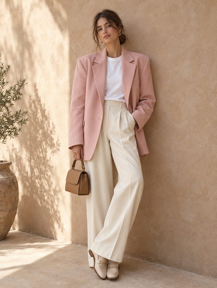 Woman in a blush blazer, white tee and cream trousers